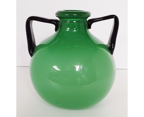 A DAUM NANCY GREEN BOWL VASE WITH BLACK HANDLES, 9" TALL