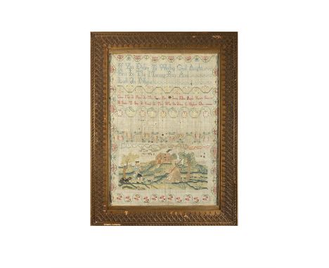 AN ANTIQUE ENGLISH NEEDLEWORK SAMPLER,hand embroidered by ten year old Mary Lee in 1779, with three paragraphs of text above 