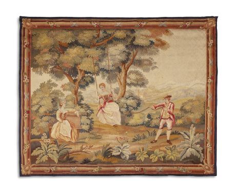 AN ANTIQUE AUBUSSON TAPESTRY,hand woven in the ateliers of Aubusson, France, first half of 19th century, depicting an idyllic