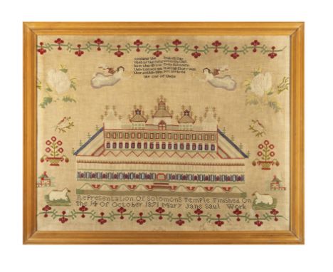 AN ANTIQUE ENGLISH NEEDLEWORK SAMPLER,depicting Solomon's Temple by Mary Jane Saul, 14 October 1871,  58 x 76cm(PL ref 9235)P