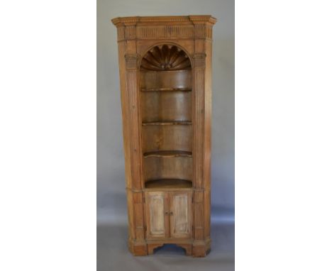 A 19th Century Pine Standing Corner Cabinet with a moulded dentil cornice above a shell carved arch and three shelves flanked