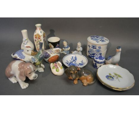 A Royal Copenhagen Porcelain Model of a Dog, together with other items of ceramics to include two Royal Crown Derby style dec