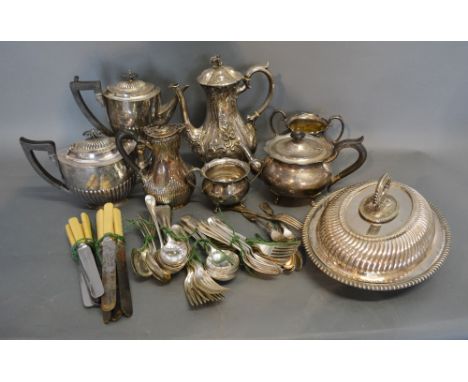A Silver Plated Hot Water Pot of Half Lobed Form together with a collection of silver plated items to include flatware