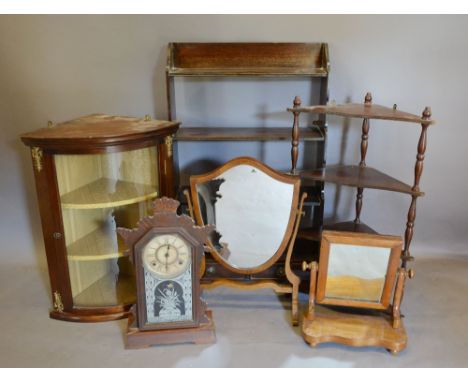 A Mahogany Gilt Metal Mounted Hanging Corner Cabinet with bow glass door, together with a reproduction wall shelf, a similar 