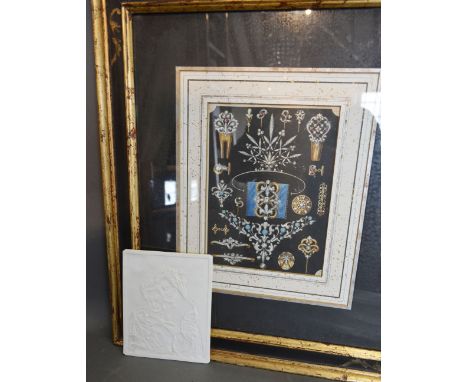 A Coloured Print 'Jewellery Designs' together with an opaque glass lithopane 