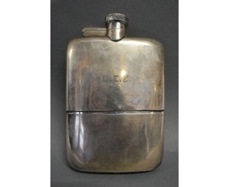 A Sheffield Silver Hip Flask of Slightly Curved Form with removable cup, 11.5 ozs., makers James Dixon & Sons