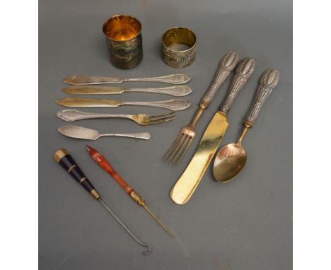 An 800 Mark Silver Beaker, together with a similar 800 mark napkin ring, various items of 800 mark flatware and two stone han