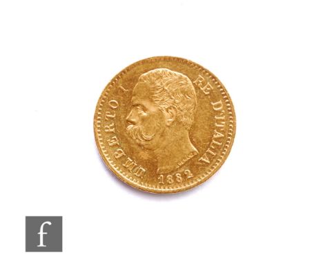 Italy - An Umberto I twenty gold lire coin 1882, mint mark R, 6g. 