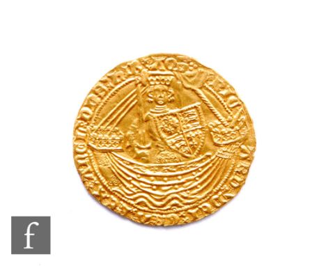 Richard II (1377-1399) - A Noble, King standing facing in ship holding sword and shield, reverse floriated cross with lis at 