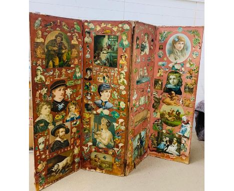 A Victorian four panel screen with vintage prints (H180cm W220cm)