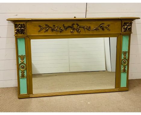 An Over mantle mirror in gilt with laurel detail to top and green side panels to sides. (H 84 cm x W 134cm) 