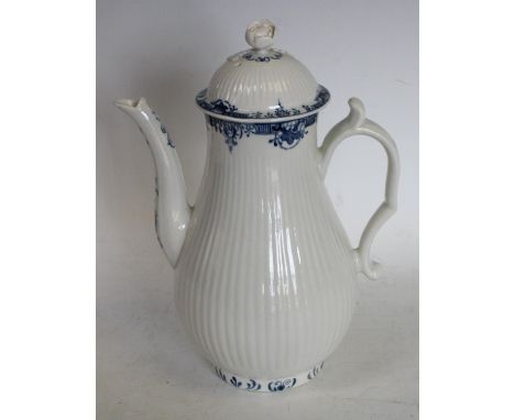 A Worcester ribbed pear shaped coffee pot, foliate border, scroll handle, domed cover, flower finial, 22cm high, crescent mar