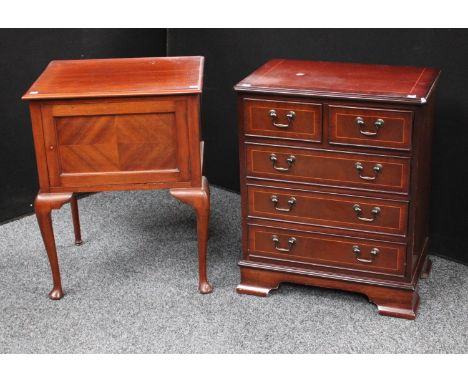 A George III style chest, of small proportions, chamfered rectangular top above two short and three long drawers, bracket fee