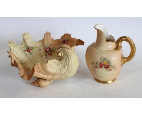 A Royal Worcester scallop shell, blush ivory, bowl; a similar marlet jug (2)