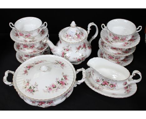 A Royal Albert Lavender Rose pattern part table service including tureen and cover, teapot, six soup bowls and stands, second