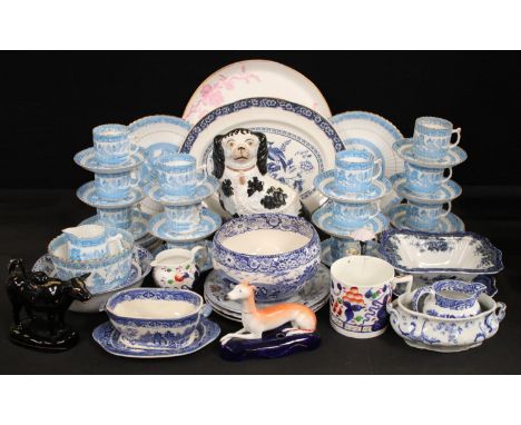 Ceramics - 19th century and later including Staffordshire greyhound inkstand; Jackfield type cow creamer; blue and white tabl