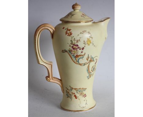 A Royal Worcester coffee pot, yellow ground with floral decoration W4381 pattern 