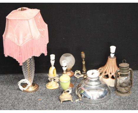 A 1960's pottery lamp; a glass lamp, silk shade; others