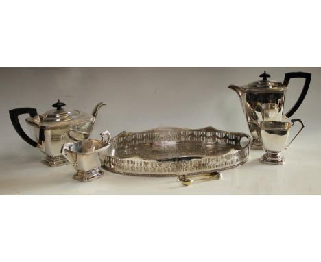 An Art Deco silver plated four piece tea service; gallery tray; etc