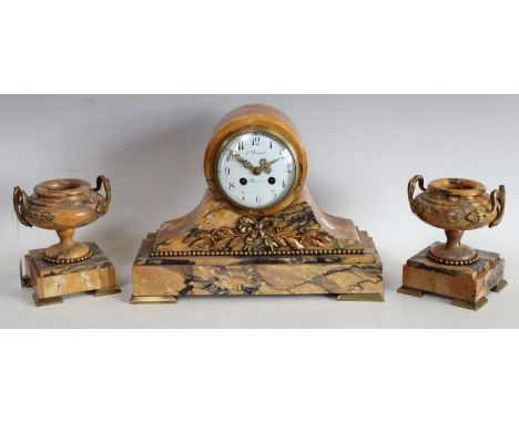 A 19th century Neoclassical Revival gilt-metal mounted Sienna Marble mantel clock garniture, the drum top clock with 10.5cm c