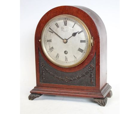 An Edwardian mahogany mantel timepiece, 10cm silvered dial inscribed Bright &amp; Sons Ltd, Scarborough, Roman numerals, sing