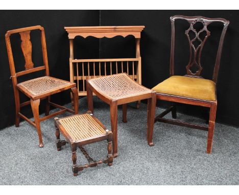 A farmhouse pine wall hanging plate rack; a Chippendale style side chair; a Queen Anne inspired side chair; cane stool; anoth