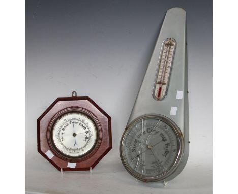 A Retro aneroid barometer thermometer, tapering metal blade case;  another octagonal ships barometer  labelled La Marguerite,