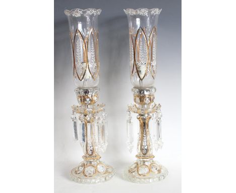 A pair early 20th Century lustres and shades, clear glass, white enamel and gilt decoration, electric, approx 54cm in height