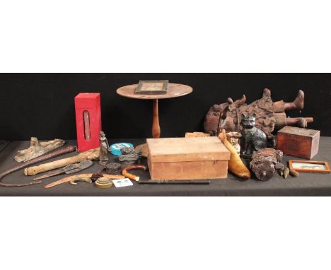 Boxes and Objects - a 19th century mahogany miniature table; a George III tea caddy; Chinese carvings; partial rootwood figur