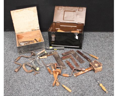 An ammunition box of tools; a pine box of tools (2)