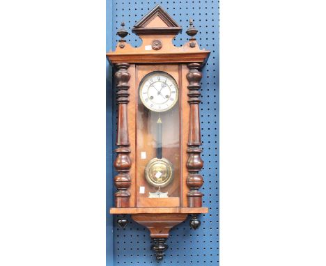 A late 19th century Vienna wall clock, mahogany case, white enamel dial, Roman numerals
