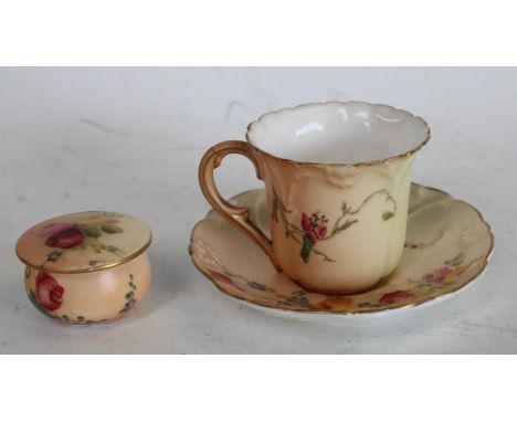 A Royal Worcester blush ivory miniature cup and saucer, similar pill box (3)