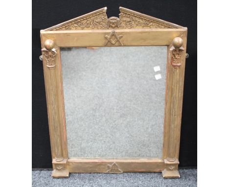 Freemasonry/Friendly Society Interest - a 19th century giltwood and gesso looking glass, the architectural frame with break-a