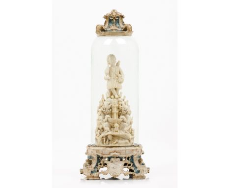 Depicting The Child Jesus dressed in a sheep's fleece with His head resting on the right hand while holding a sheep on the le