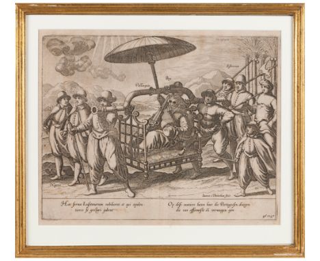 "Hac forma Lusitanorum nobiliores et qui opulen tiores se gestari jubent" Black ink print on paperEngraved by J. B. Doectum a