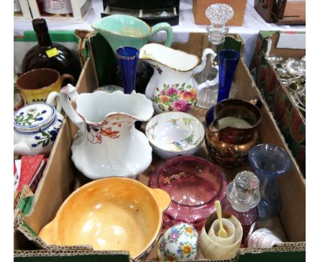 Box of hand painted ceramics, some dated 1931, W &amp; R Carlton Ware Hummingbird lustre bowl, glassware jugs etc