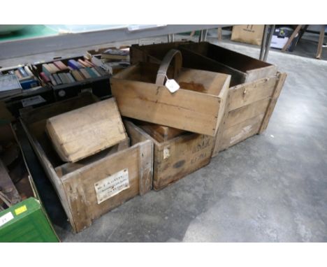 Antique wooden crates, some with advertising brands, Swifts, Stewed Steak and Grand Armagnac