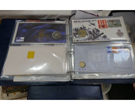 Royal Mail slip case Royal Mint Philatelic Numismatic covers including Notting Hill Carnival 50p, Royal Beast £1 coin, Diana 