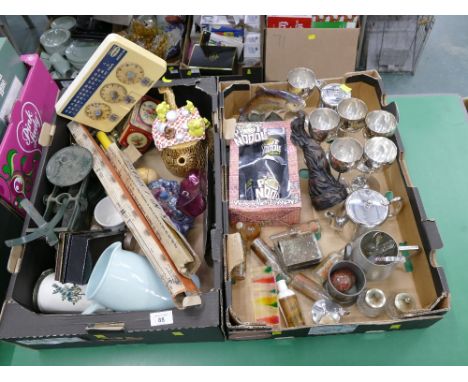 Two boxes of plated ware, garden sprayer, novelty teapot, balance scales, Pot Noodle timer etc