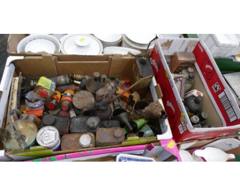 Two boxes of vintage workshop tins, oil cannisters, bottles etc, Castrol Gear Oil, Petroyle Lubrication, Wynns Racing Formula