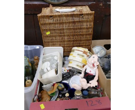 Picnic hamper and box of mugs, ornaments, vases etc