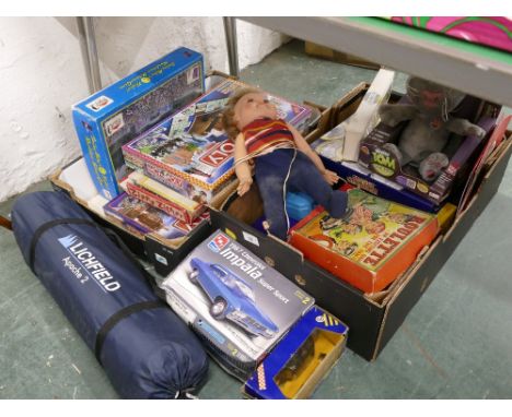 Two boxes of toys, games, Monopoly, doll, Talking Tom etc