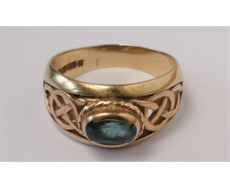 A 9ct Welsh 9ct rose gold blue stone Celtic ring, Welsh dragon hallmark, Sheffield 1996, Q, 4.7gm 