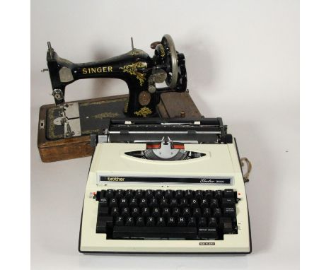 An early cased manual Singer sowing machine, together with a cased Mid Century 'Brother' typewriter 3600. (2) 