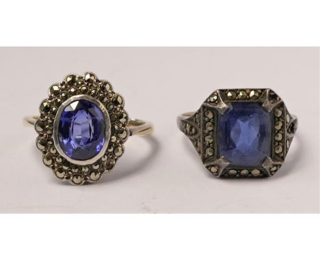 A 9ct gold and silver blue paste and marcasite cluster ring, Q, and another similar, Q 