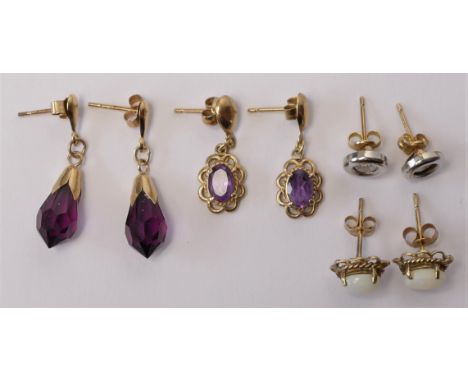 A pair of 9ct gold opal ear studs, a 9ct amethyst pair and two paste examples, 4.3gm. 