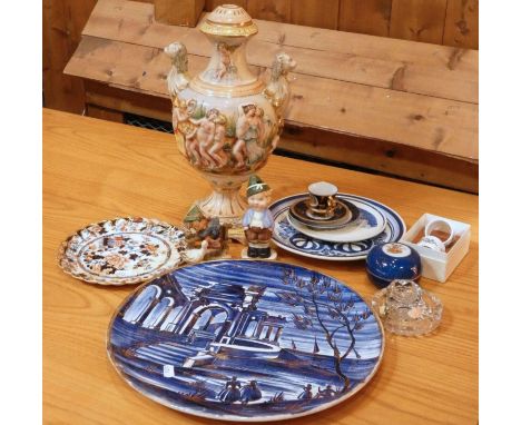 A large Capo Di Monte ceramic lamp base, together with Goebel Hummel figures, Chinese style wall plate, Delft Blauw wall plat