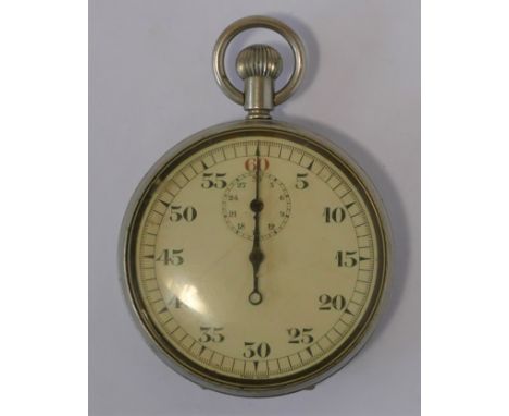 A Military stainless steel stop watch, PAT 3169, broad arrow, 23048, white enamel dial with red 60 and subsidiary dial elapse