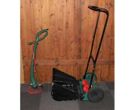 A Bosch manual rotary lawn mower, model number AHM 38G, together with a Qualcast electric strimmer.(2) 