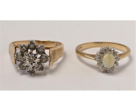 A 9ct gold opal and diamond cluster ring, O 1/2 and a 9ct gold and diamond cluster ring, P, 5.8gm 